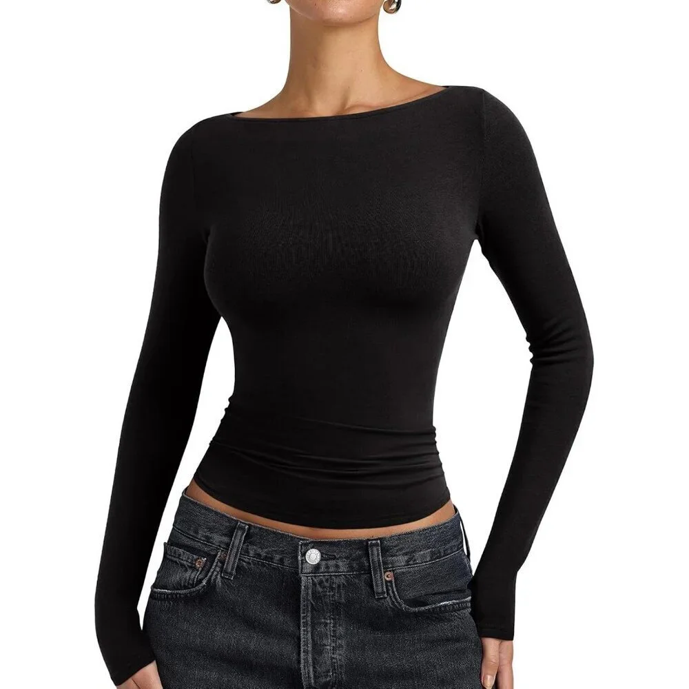 Women's Long Sleeve Boat Neck Top Slim Fit Business Casual Versatile Shirt
